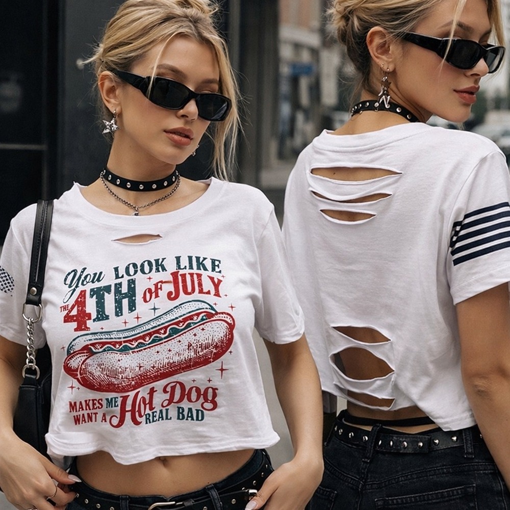Distressed Y2K Cropped Tee Slashed Back Graphic 4th of July Indie Top Large